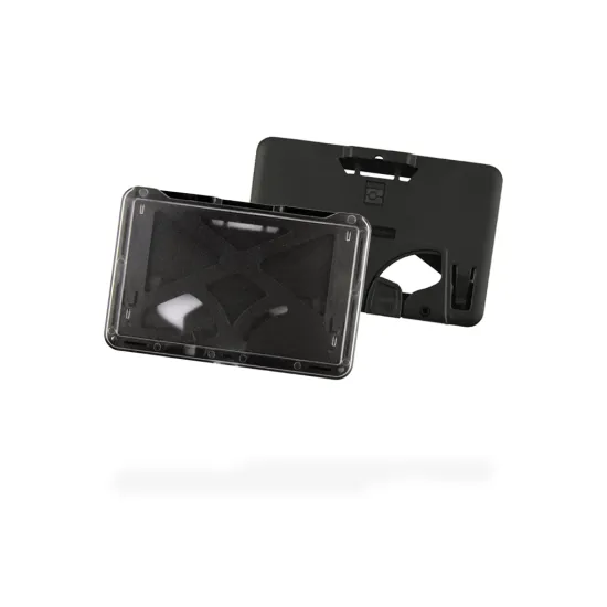 The image showcases a black landscape ID Card holder floating on a white background, shocasing the front and the back