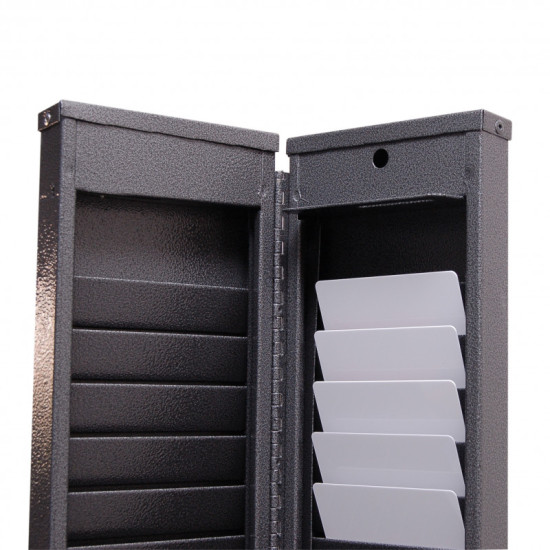 Metal safe wall rack unlocked with cards inside