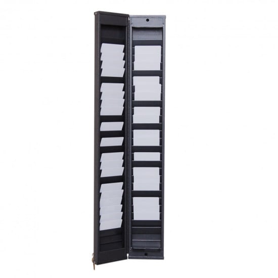 Metal safe wall rack unlocked with cards inside