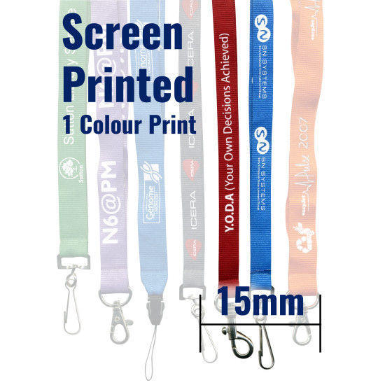 15mm Screen Printed Colour Lanyards - 1 Colour Print - 14-21 day delivery