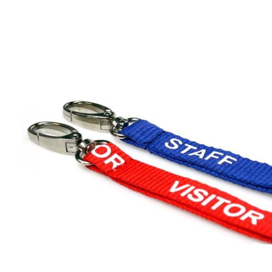 50 Royal Blue STAFF and 50 Red VISITOR Pre-Printed 15mm Lanyards with Metal Lobster Clip