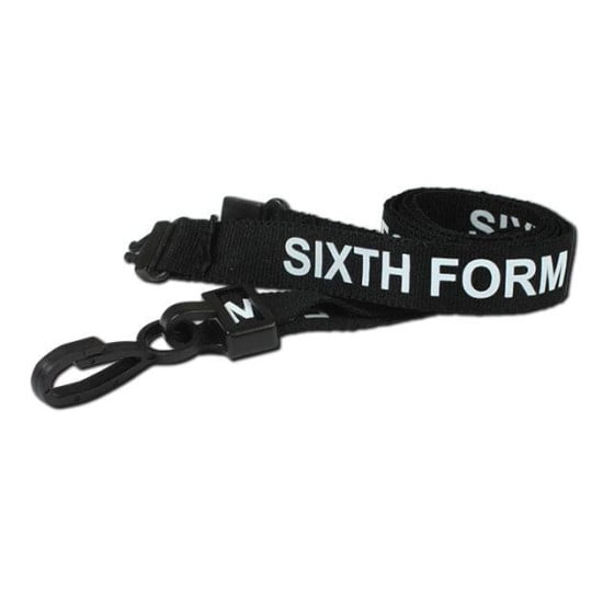 Pre-Printed SIXTH FORM Lanyards in Black with Black Plastic Clip - pack of 100