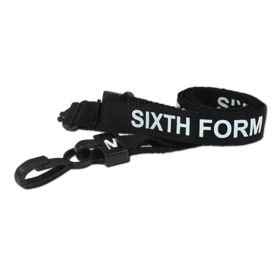 Pre-Printed SIXTH FORM Lanyards in Black with Black Plastic Clip - pack of 100 Pre-Printed SIXTH FORM Lanyards in Black with Black Plastic Clip - pack of 100