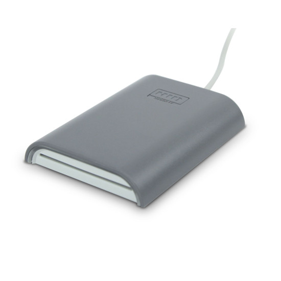 A grey HID Omnikey 5422 USB Dual Interface 13.56 MHz Contactless and Contact Smart Card Reader