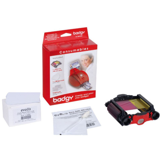 Evolis Badgy VBDG101EU Badgy Consumables Kit - 1 x colour ribbon - 100 x 20 mil Cards - 1 x cleaning kit