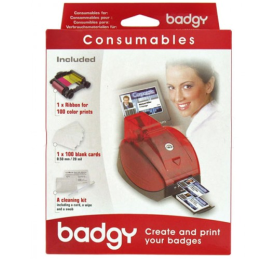 Evolis Badgy VBDG101EU Badgy Consumables Kit - 1 x colour ribbon - 100 x 20 mil Cards - 1 x cleaning kit