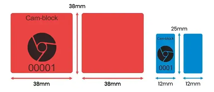 Cam Block Sticker Sizes - Square 38x38mm - Rectangular 12x25mm