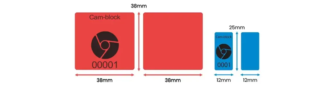 Cam Block Sticker Sizes - Square 38x38mm - Rectangular 12x25mm