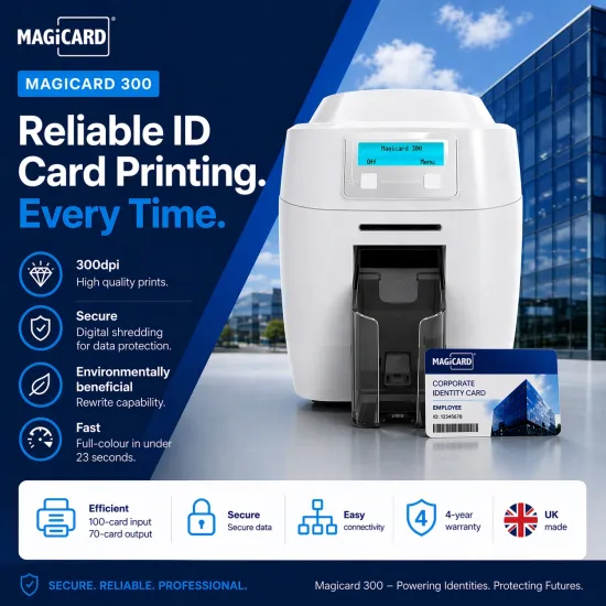 Magicard 300 ID Card Printer (quarter View) with 4 year warranty
