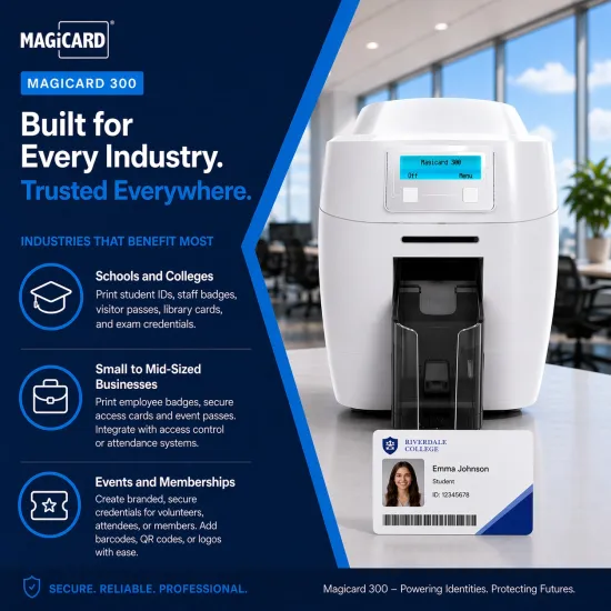 Magicard 300 ID Card Printer (quarter View) with 4 year warranty