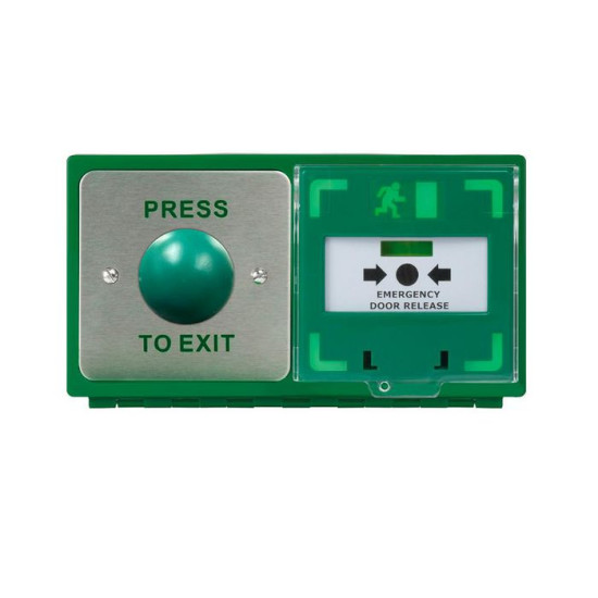 ICS Hinged double back box with AA57-PTE green dome button and MCP110 call point - Horizontal - DBB-H-04-110-H ICS Hinged double back box with AA57-PTE green dome button and MCP110 call point - Horizontal - DBB-H-04-110-H