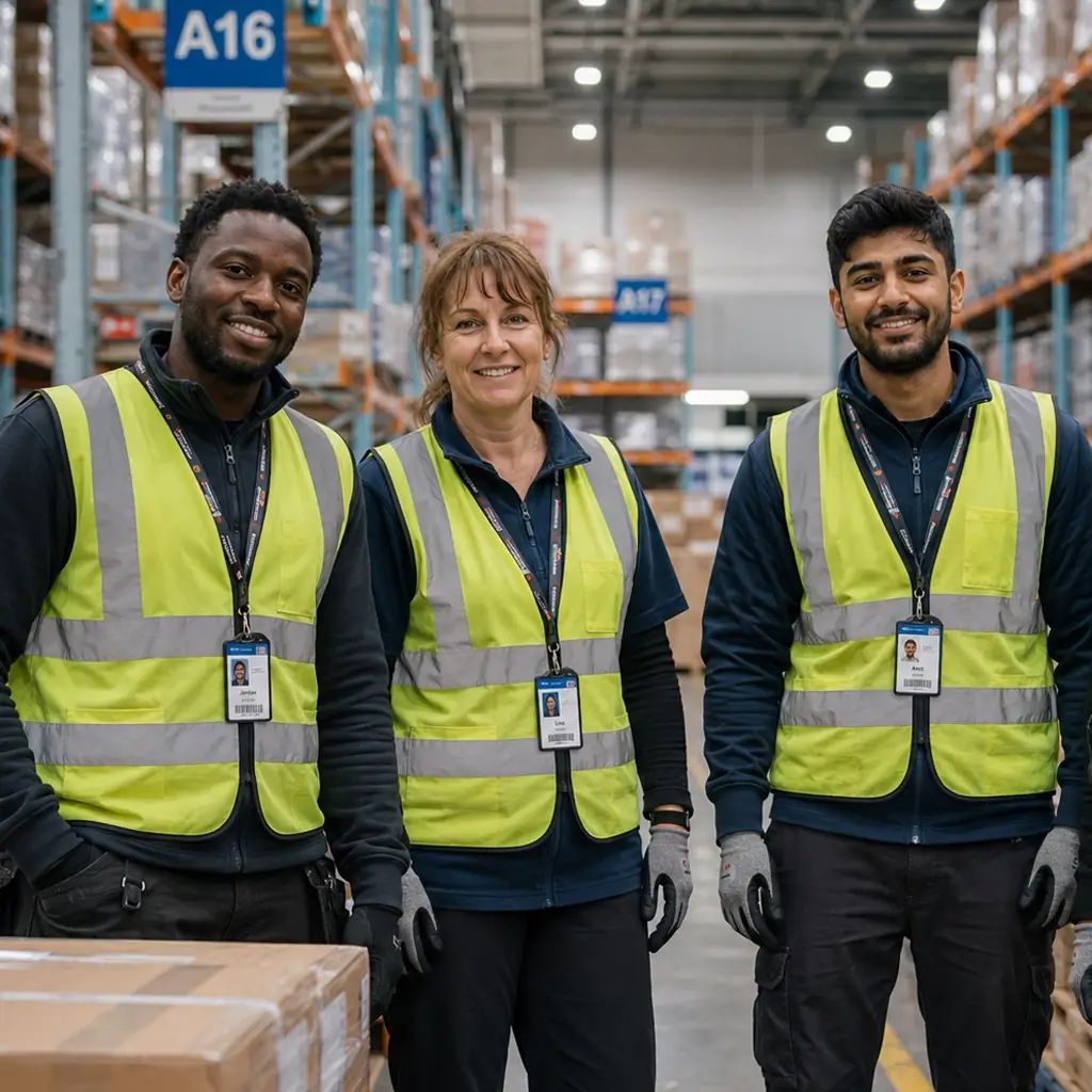 Staff Wearing Hi-Vis Vests and Lanyards in a Retail Warehouse