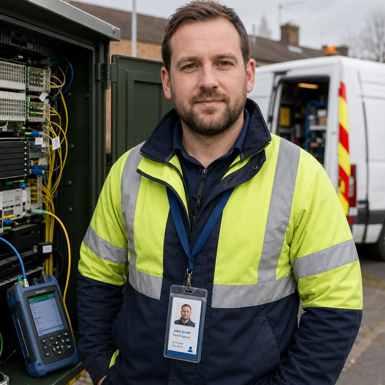 Telecoms worker wearing a lanyard and photo ID card