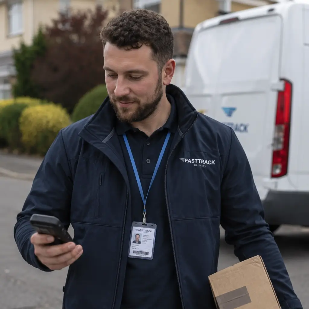 Parcel Courier Wearing a Lanyard and ID Card